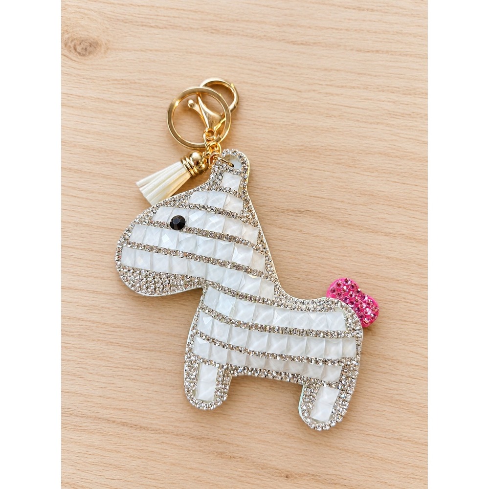 White Crystal Rhinestone Pony Bag Charm Keychain Gold Tone Tassel Purse Charm